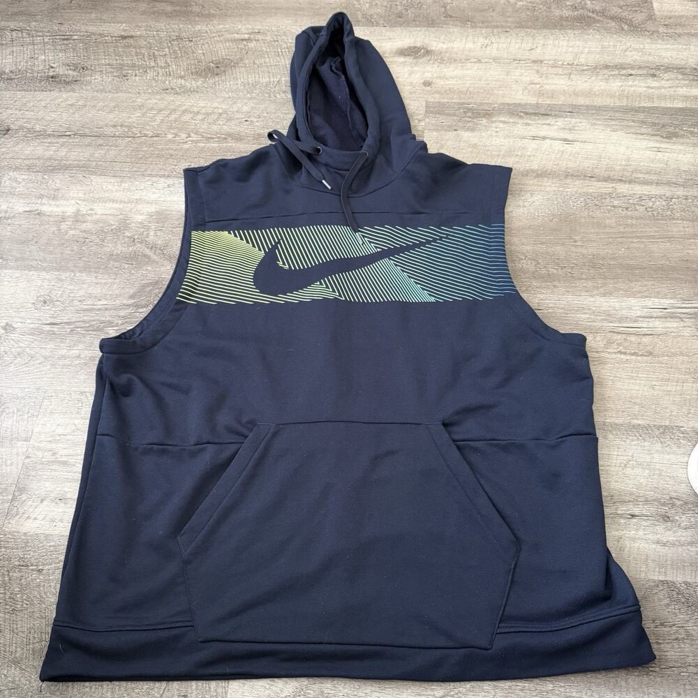 NIKE Dri-Fit Sleeveless Hoodie Mens Size XL Navy Blue Swoosh Graphic CJ4423